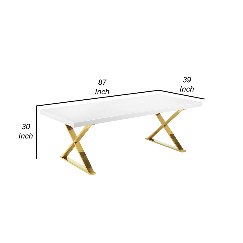 Pemberly Row 87 Inch Dining Table with Gold Finished Metal Base in White