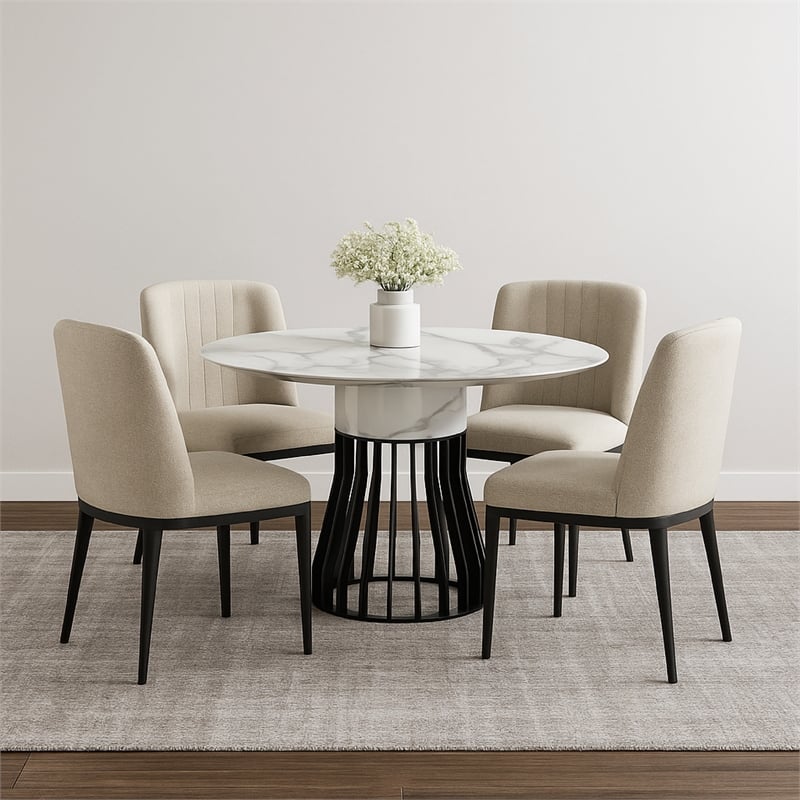 Pemberly Row 47 Inch Round Dining Table with Faux Marble Top and Cage Base