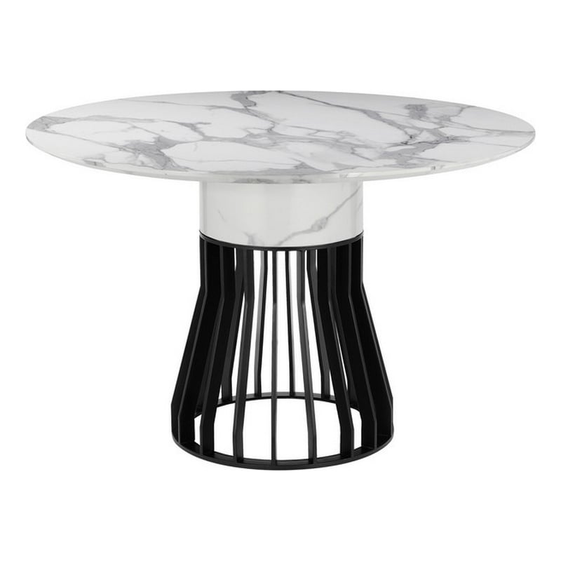 Pemberly Row 47 Inch Round Dining Table with Faux Marble Top and Cage Base