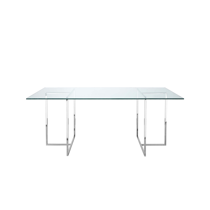 Pemberly Row 71 Inch Tempered Glass Rectangular Dining Table in Chrome
