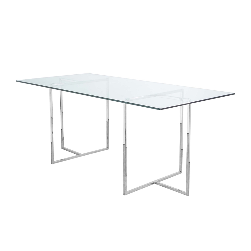 Pemberly Row 71 Inch Tempered Glass Rectangular Dining Table in Chrome