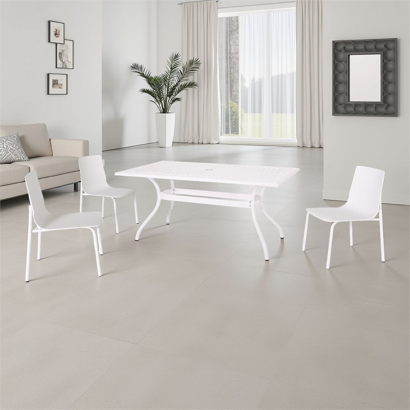 Pemberly Row 67 Inch Rectangular Cast Aluminum Outdoor Table in White