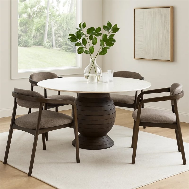 Pemberly Row 60 Inch Round White Marble Dining Table with Acacia Wood Base