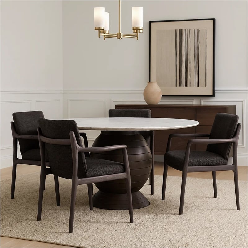 Pemberly Row 60 Inch Round White Marble Dining Table with Acacia Wood Base