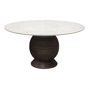 Pemberly Row 60 Inch Round White Marble Dining Table with Acacia Wood Base