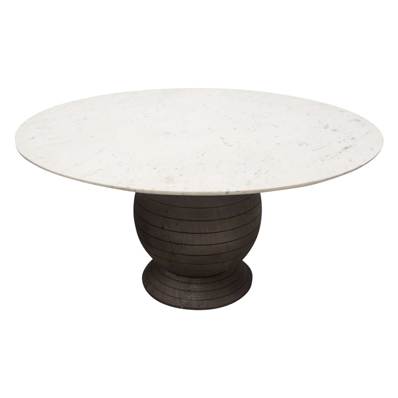 Pemberly Row 60 Inch Round White Marble Dining Table with Acacia Wood Base