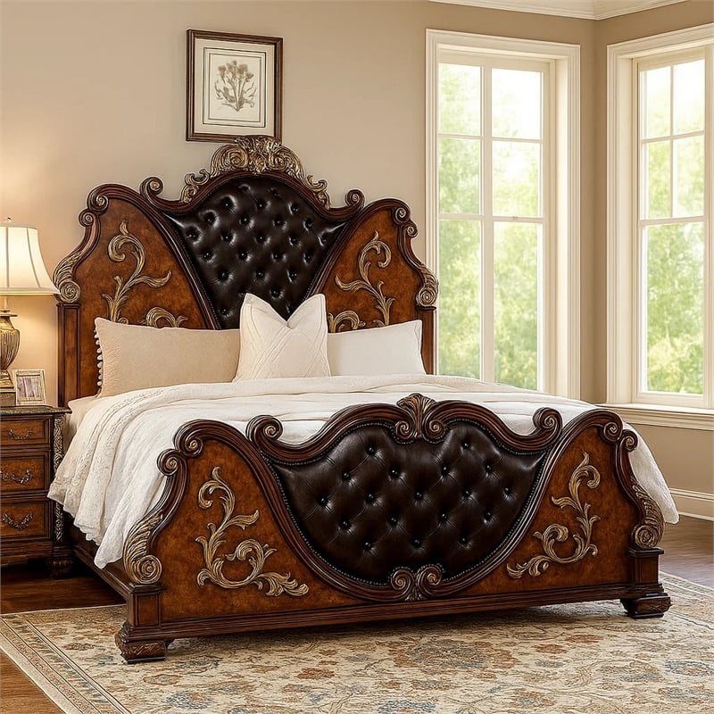 Pemberly Row Queen Bed in Dark Cherry Brown with Faux Leather and Gold Carvings