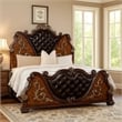 Pemberly Row Queen Bed in Dark Cherry Brown with Faux Leather and Gold Carvings
