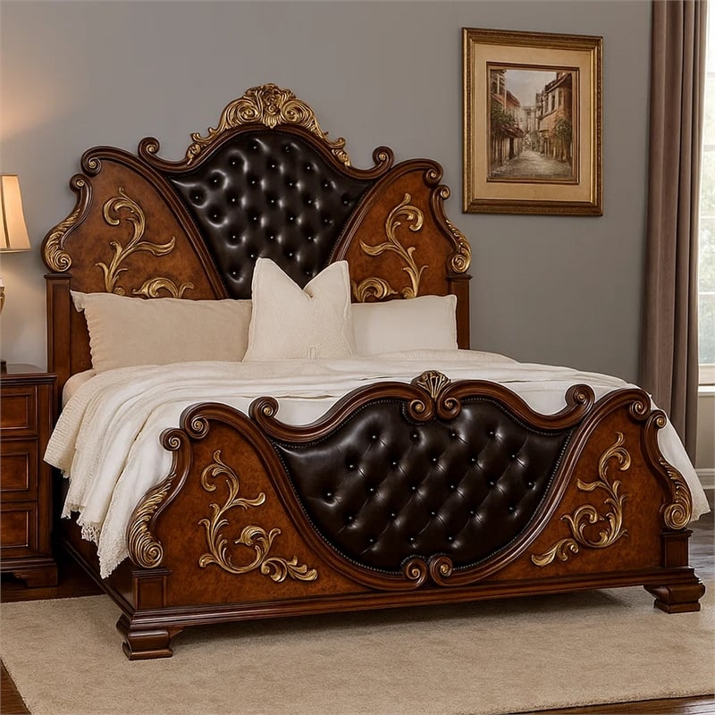 Pemberly Row Queen Bed in Dark Cherry Brown with Faux Leather and Gold Carvings