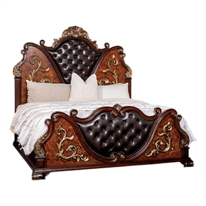 Pemberly Row Queen Bed in Dark Cherry Brown with Faux Leather and Gold Carvings