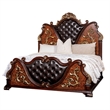 Pemberly Row Queen Bed in Dark Cherry Brown with Faux Leather and Gold Carvings