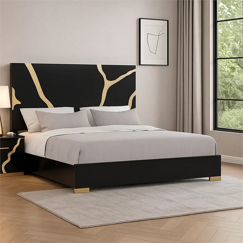 Pemberly Row Queen Bed in Gold and Black with Panel Headboard and Footboard