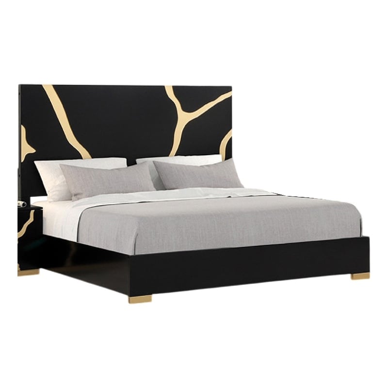 Pemberly Row Queen Bed in Gold and Black with Panel Headboard and Footboard