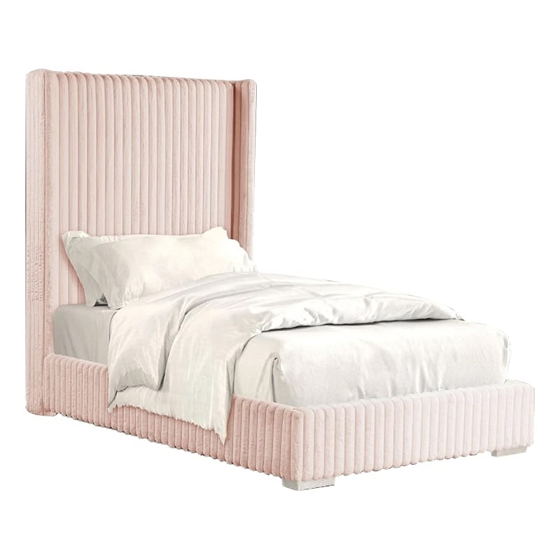Pemberly Row Full Size Bed with Pink Channel Tufted Fur Chenille Upholstery
