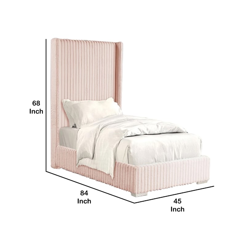 Pemberly Row Twin Size Bed with Pink Channel Tufted Fur Chenille Upholstery