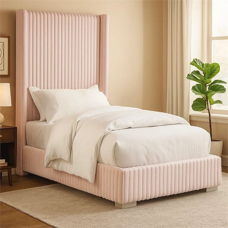 Pemberly Row Twin Size Bed with Pink Channel Tufted Fur Chenille Upholstery
