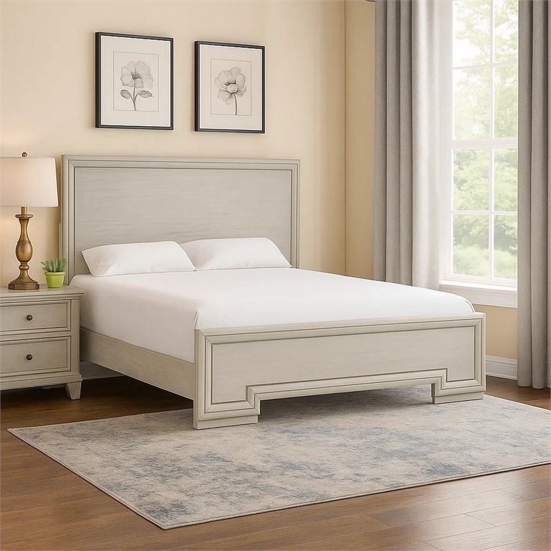 Pemberly Row King Bed in Rustic White with Solid Wood Transitional Panel Design