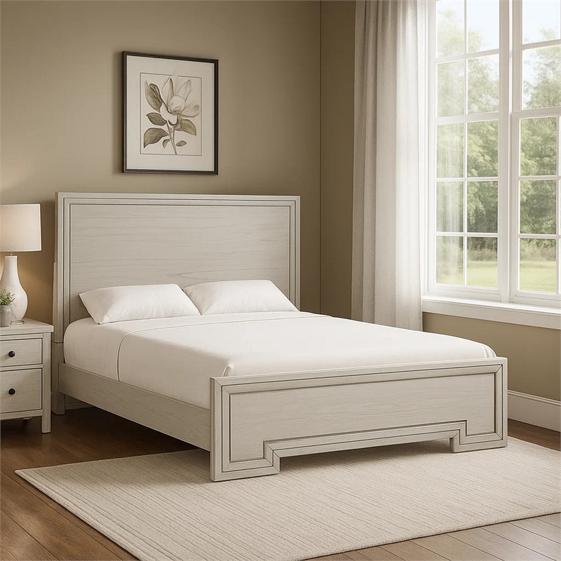 Pemberly Row King Bed in Rustic White with Solid Wood Transitional Panel Design