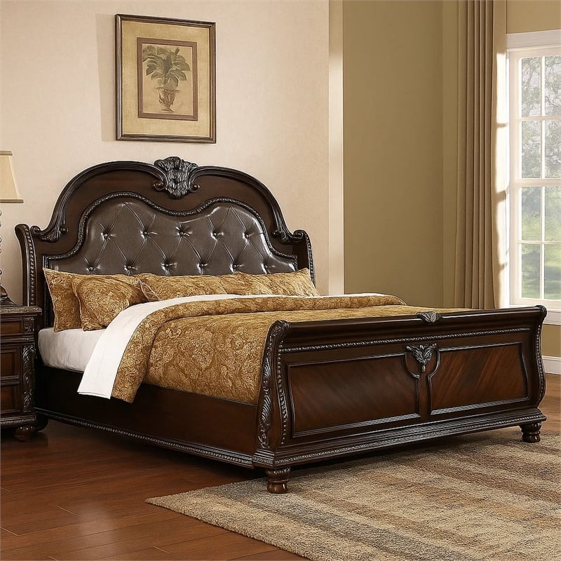 Pemberly Row Queen Bed in Brown Cherry with Faux Leather Padded Headboard