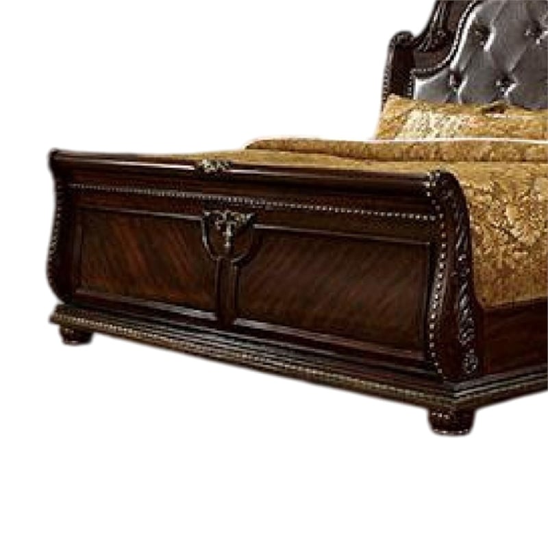 Pemberly Row Queen Bed in Brown Cherry with Faux Leather Padded Headboard