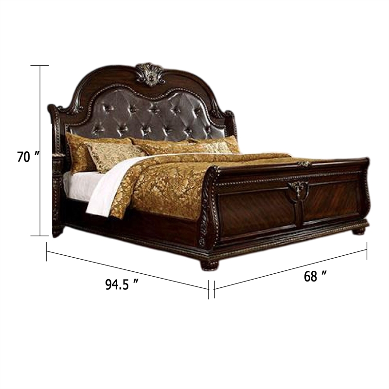 Pemberly Row Queen Bed in Brown Cherry with Faux Leather Padded Headboard