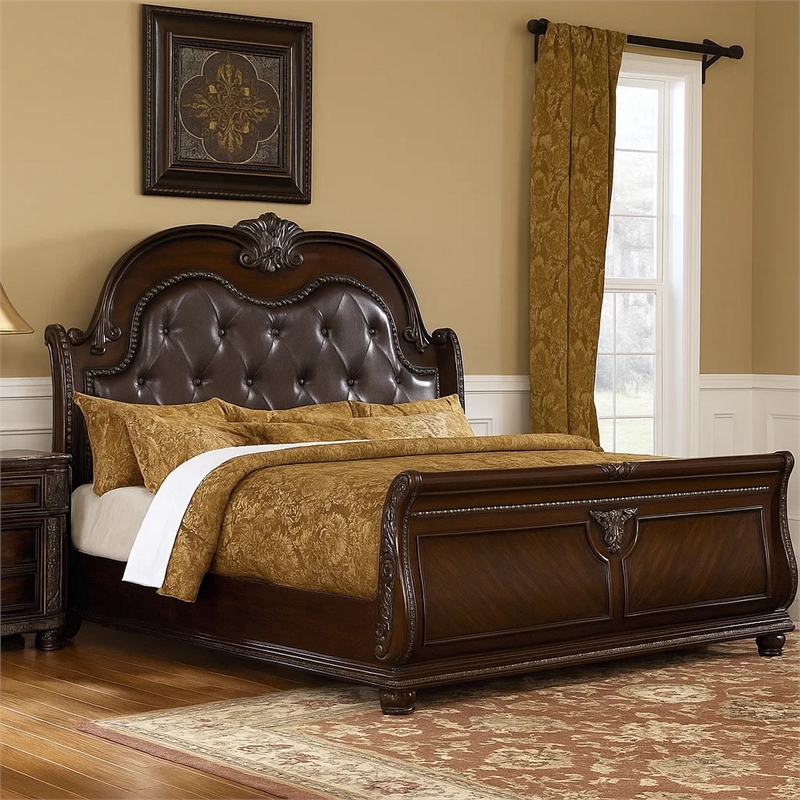 Pemberly Row Queen Bed in Brown Cherry with Faux Leather Padded Headboard