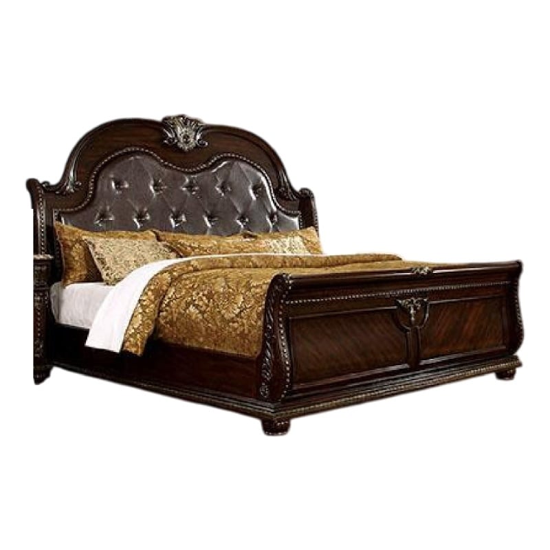 Pemberly Row Queen Bed in Brown Cherry with Faux Leather Padded Headboard