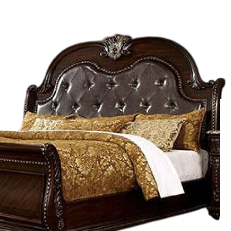 Pemberly Row Queen Bed in Brown Cherry with Faux Leather Padded Headboard