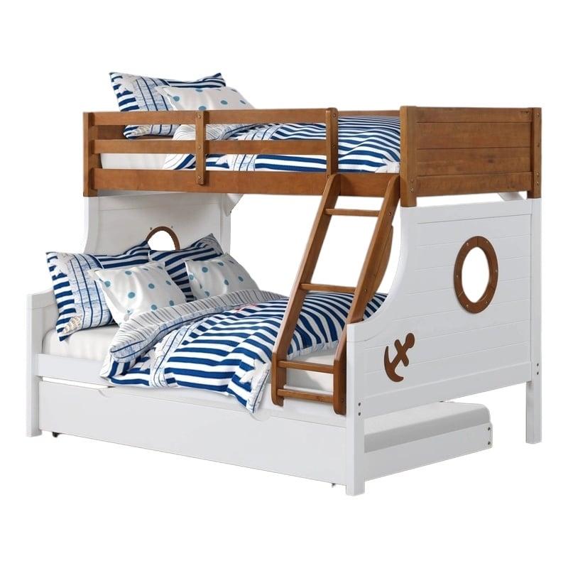 Pemberly Row Twin over Full Bunk Bed with Trundle in Oak Brown and White