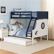 Pemberly Row Twin Over Full Bunk Bed with Trundle in Blue and White