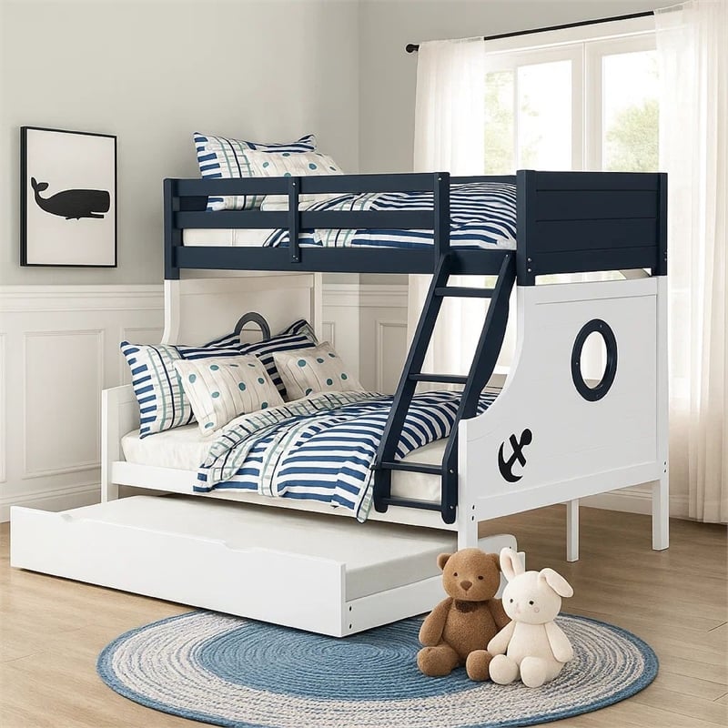 Pemberly Row Twin Over Full Bunk Bed with Trundle in Blue and White