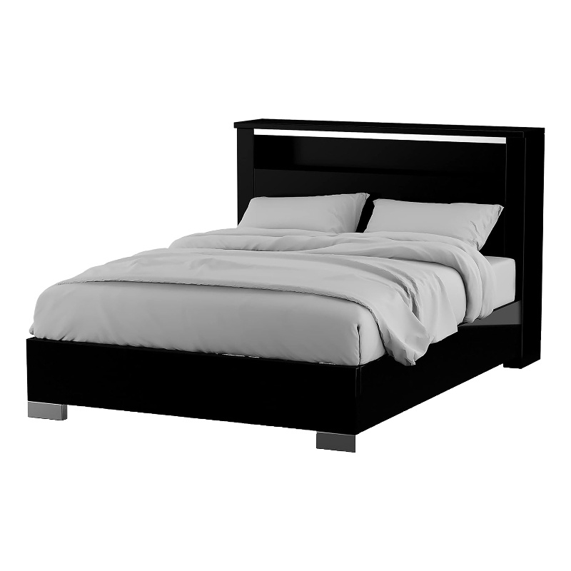 Pemberly Row Queen Bed with LED Bookcase Headboard in Black and Chrome