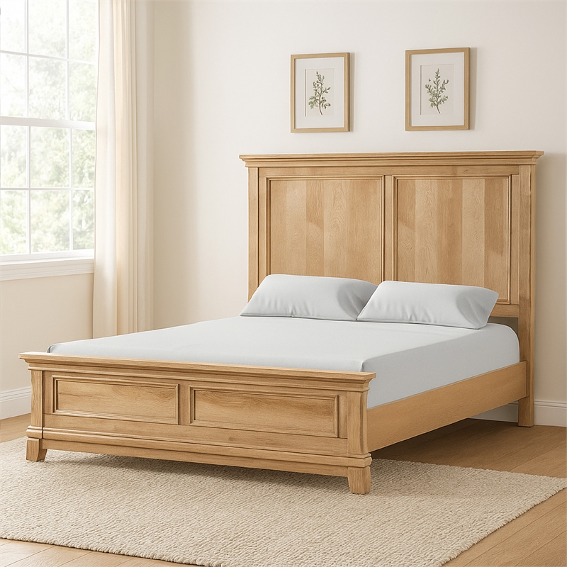 Pemberly Row Queen Bed with Plank Headboard and Molding in Natural Oak Brown