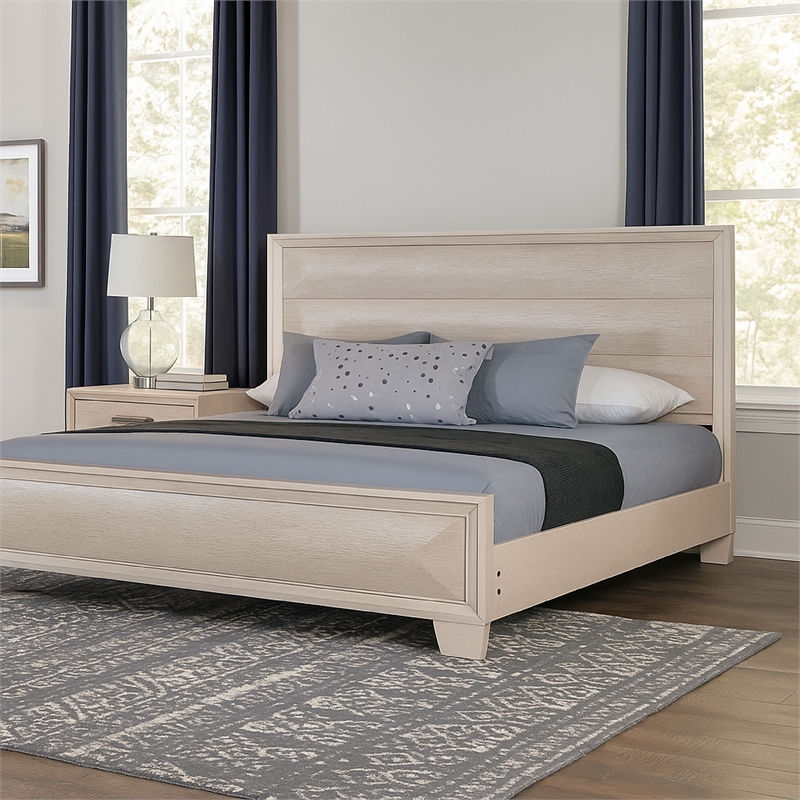 Pemberly Row Queen Bed with Paneled Headboard and Beveled Fronts in White Oak