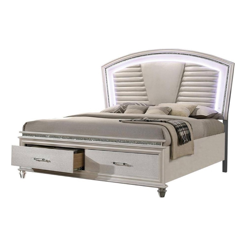 Pemberly Row California King Bed with LED Headboard and Storage in Pearl White
