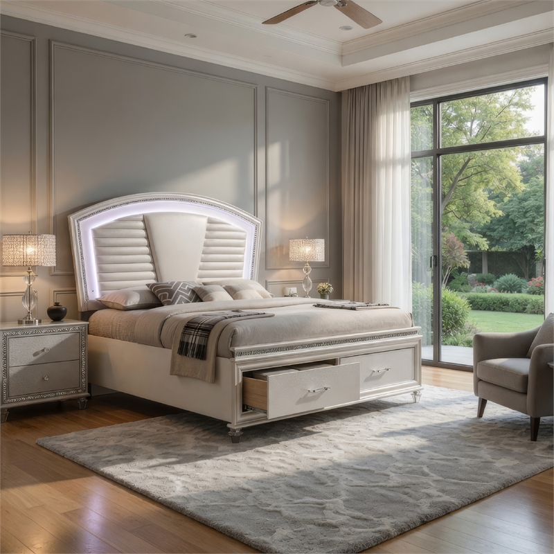 Pemberly Row King Bed with LED Headboard and Storage in Pearl White