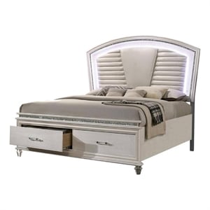 Pemberly Row King Bed with LED Headboard and Storage in Pearl White