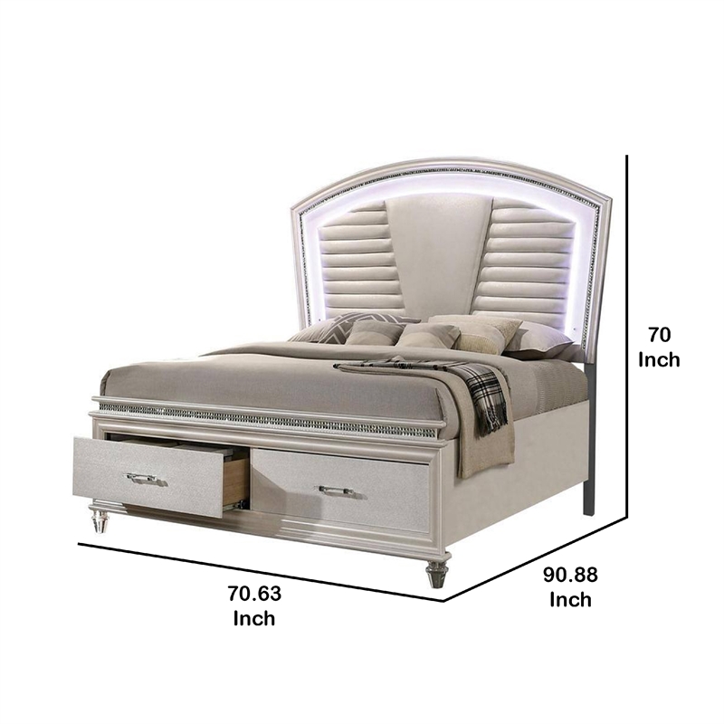 Pemberly Row Queen Bed with LED Headboard and Storage in Pearl White