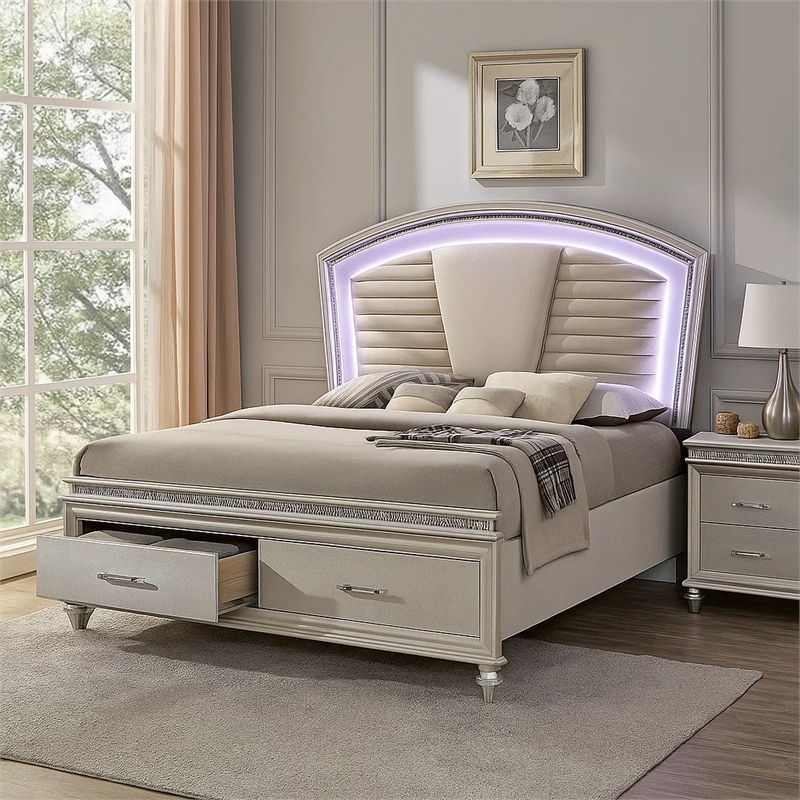 Pemberly Row Queen Bed with LED Headboard and Storage in Pearl White