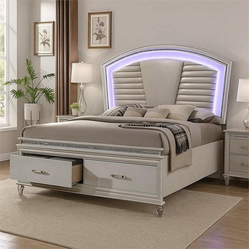 Pemberly Row Queen Bed with LED Headboard and Storage in Pearl White