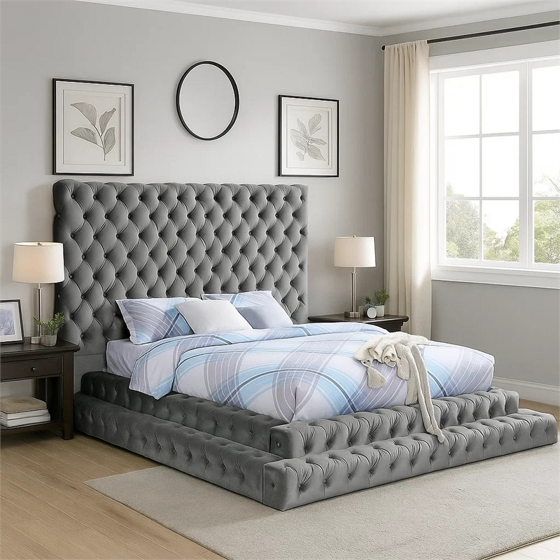 Pemberly Row Queen Platform Bed with Oversized Tufted Headboard in Gray