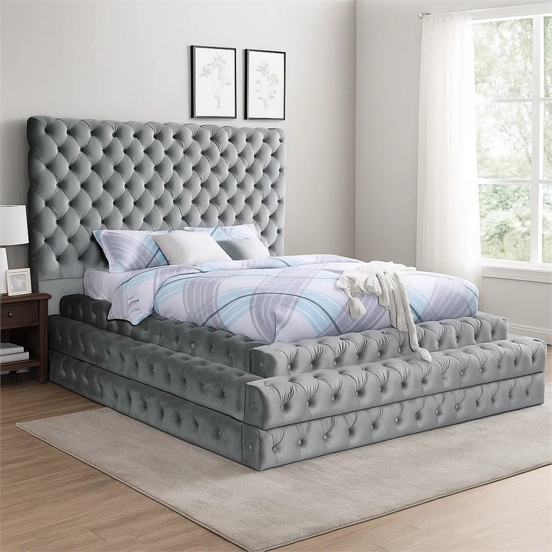 Pemberly Row Queen Platform Bed with Oversized Tufted Headboard in Gray