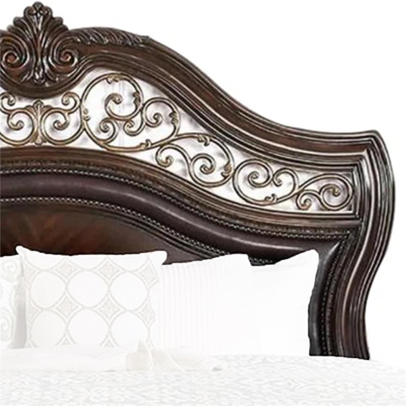 Pemberly Row Ornate Carved Queen Bed with Faux Leather Upholstery in Brown