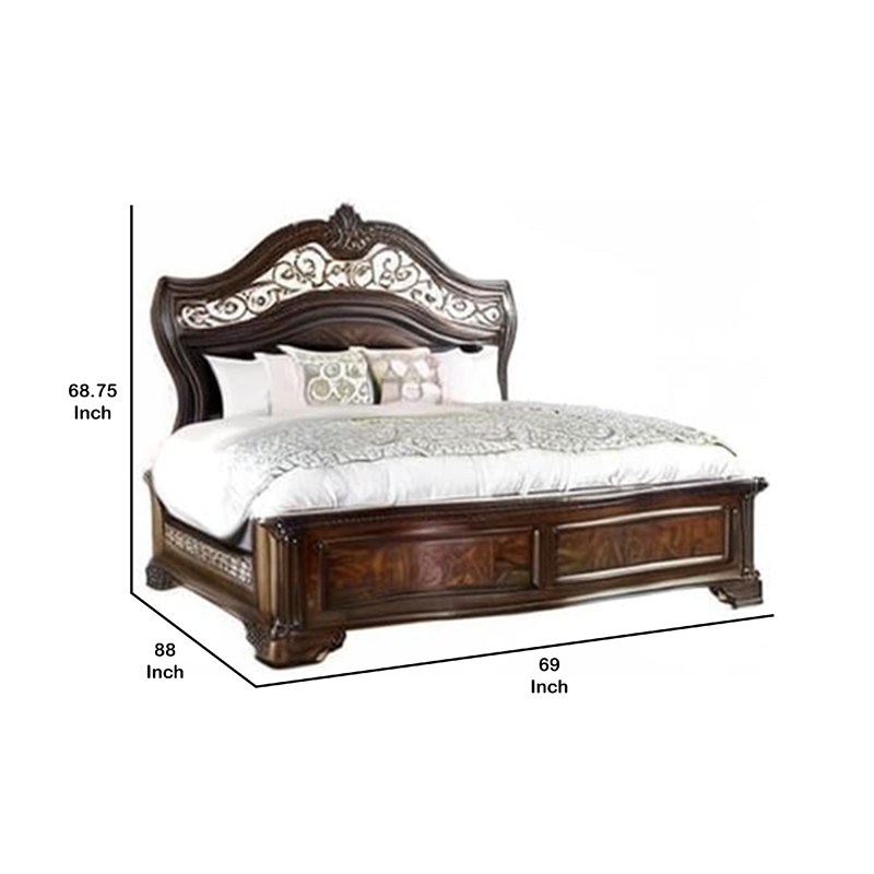 Pemberly Row Ornate Carved Queen Bed with Faux Leather Upholstery in Brown