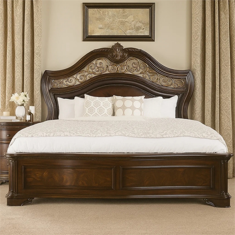 Pemberly Row Ornate Carved Queen Bed with Faux Leather Upholstery in Brown