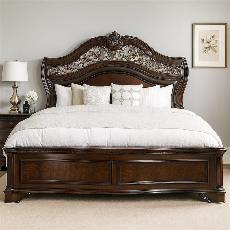 Pemberly Row Ornate Carved Queen Bed with Faux Leather Upholstery in Brown