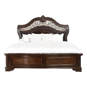 Pemberly Row Ornate Carved Queen Bed with Faux Leather Upholstery in Brown