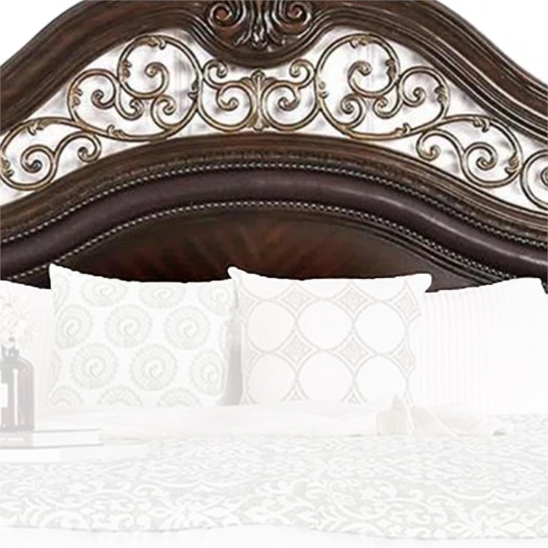 Pemberly Row Ornate Carved Queen Bed with Faux Leather Upholstery in Brown