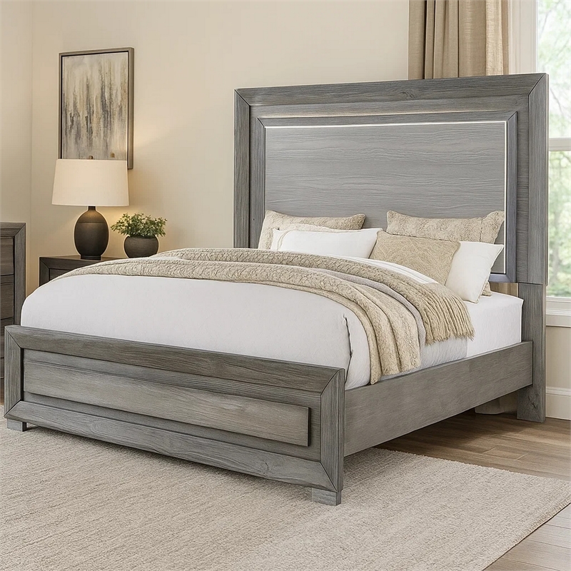 Pemberly Row Queen Bed with LED Headboard and Metal Bracket Legs in Gray
