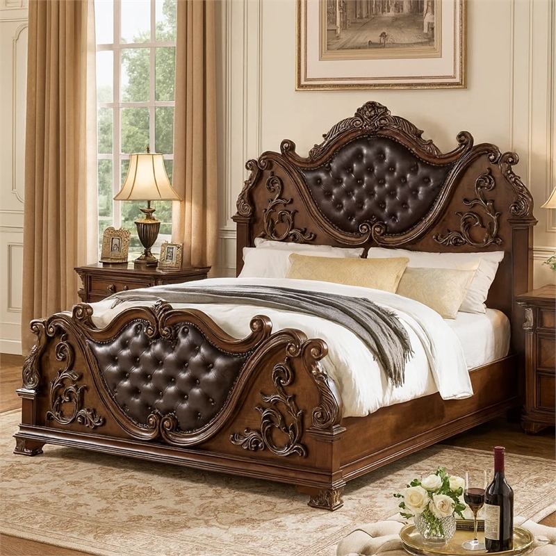 Pemberly Row King Bed with Carved Details and Tufted Faux Leather in Brown